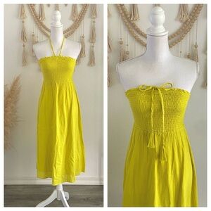 Old Navy smocked gauze halter dress midi length chartreuse green yellow NWT XS